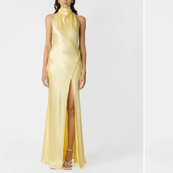sau lee Dresses & Skirts - Sau Lee Penelope Satin Halter Neck Gown in popcorn yellow. Worn once
